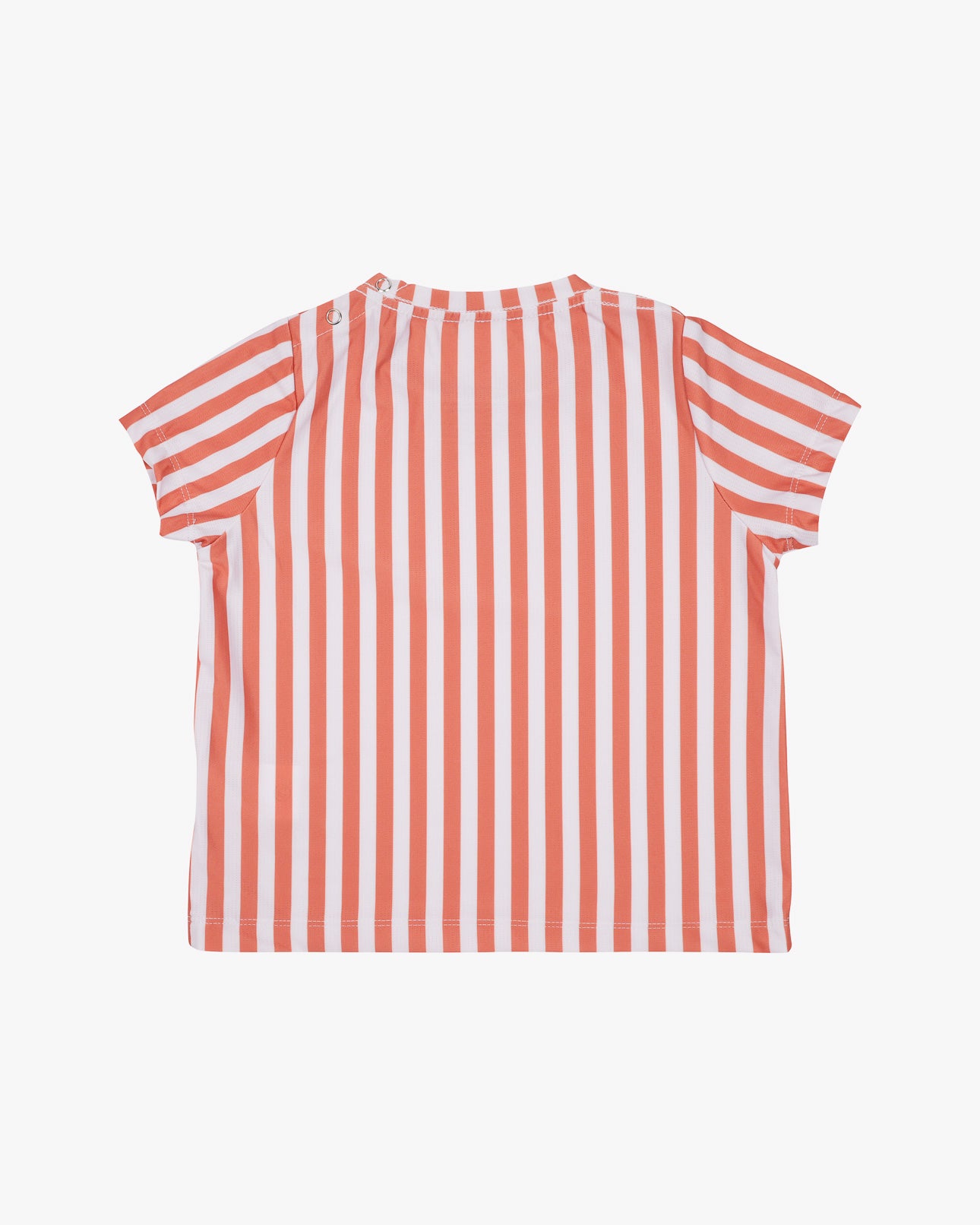 Das Hauptdesign des Aina Kinder UV-Shirts aus nachhaltigem Stoff zeigt vertikale orange-weiße Streifen. Es bietet einen LSF von 50+ und ist von der Rückseite aus auf weißem Hintergrund abgebildet.