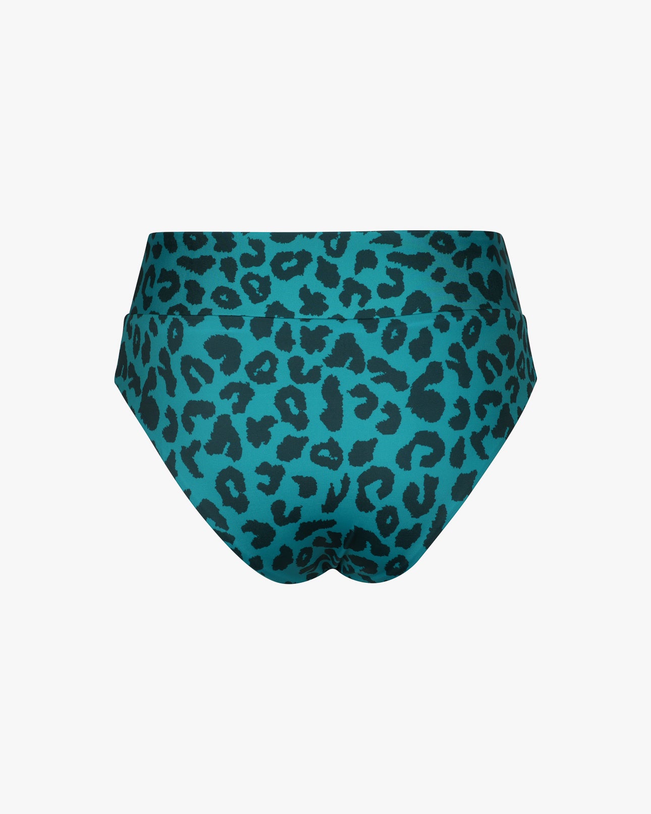 Die Alice-Bikinihose von Main Design zeigt ein blaugrünes und schwarzes Leopardenmuster auf weißem Hintergrund und ist aus chlorbeständigem Stoff gefertigt.