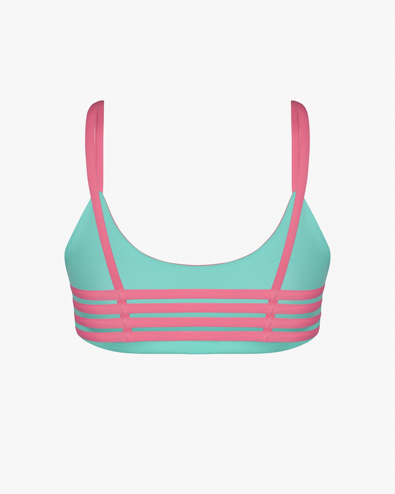 Das Sassy Bikini Oberteil reversibel von Main Design verfügt über ein türkisfarbenes Design mit rosa Trägern und horizontalen Bändern auf der Rückseite, hergestellt aus chlorresistenter Stoff, wunderschön präsentiert vor einem weißen Hintergrund.