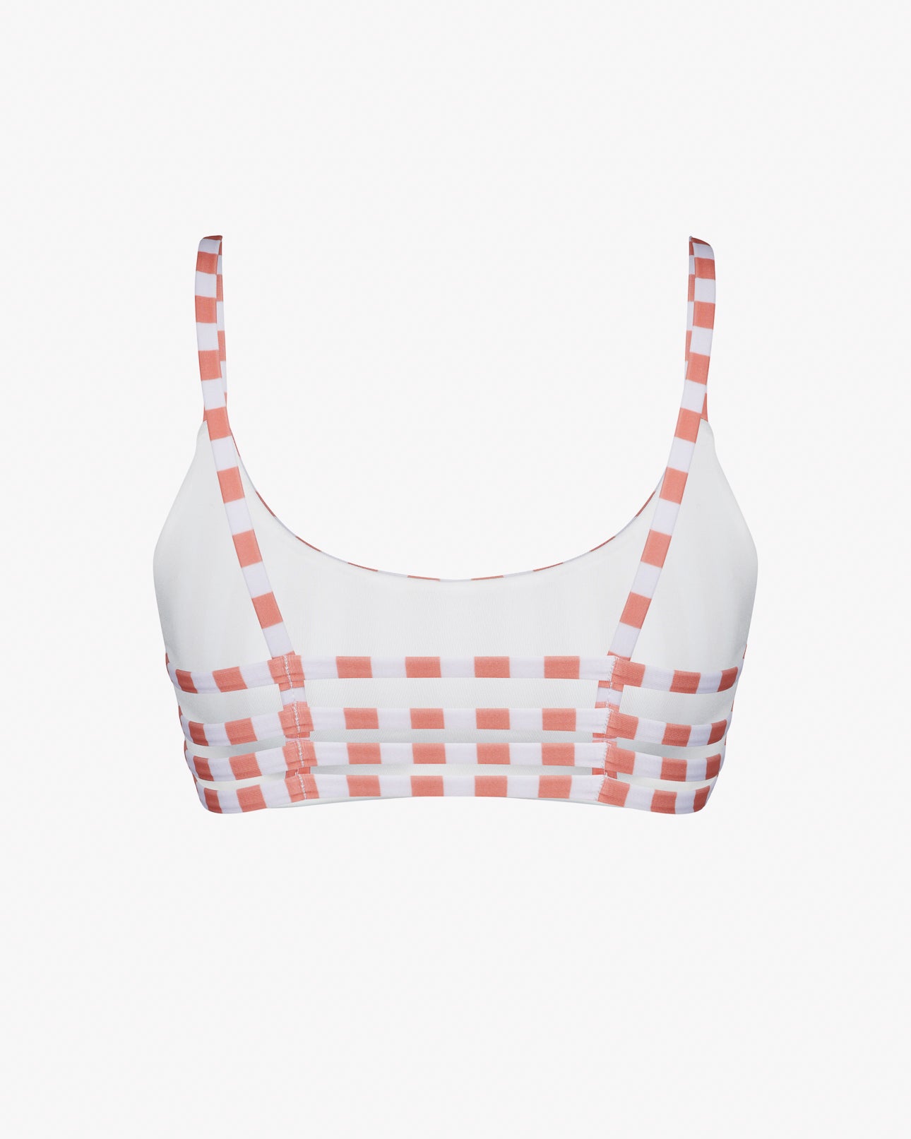 Das wendbare Sassy Bikini Oberteil von Main Design hat dicke Träger, einen Rundhalsausschnitt und ein rosa-weißes Karomuster aus nachhaltigen Materialien auf schlichtem weißem Hintergrund.