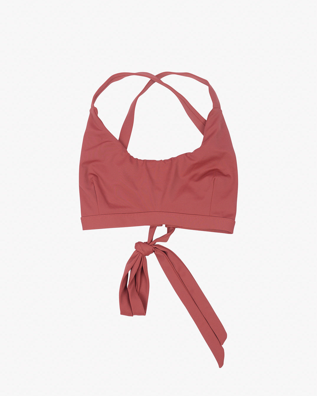 Ein rostrotes Charm Surf Bikini Oberteil von Main Design mit überkreuzte Träger auf der Rückseite und einem Bindeverschluss auf der Vorderseite.