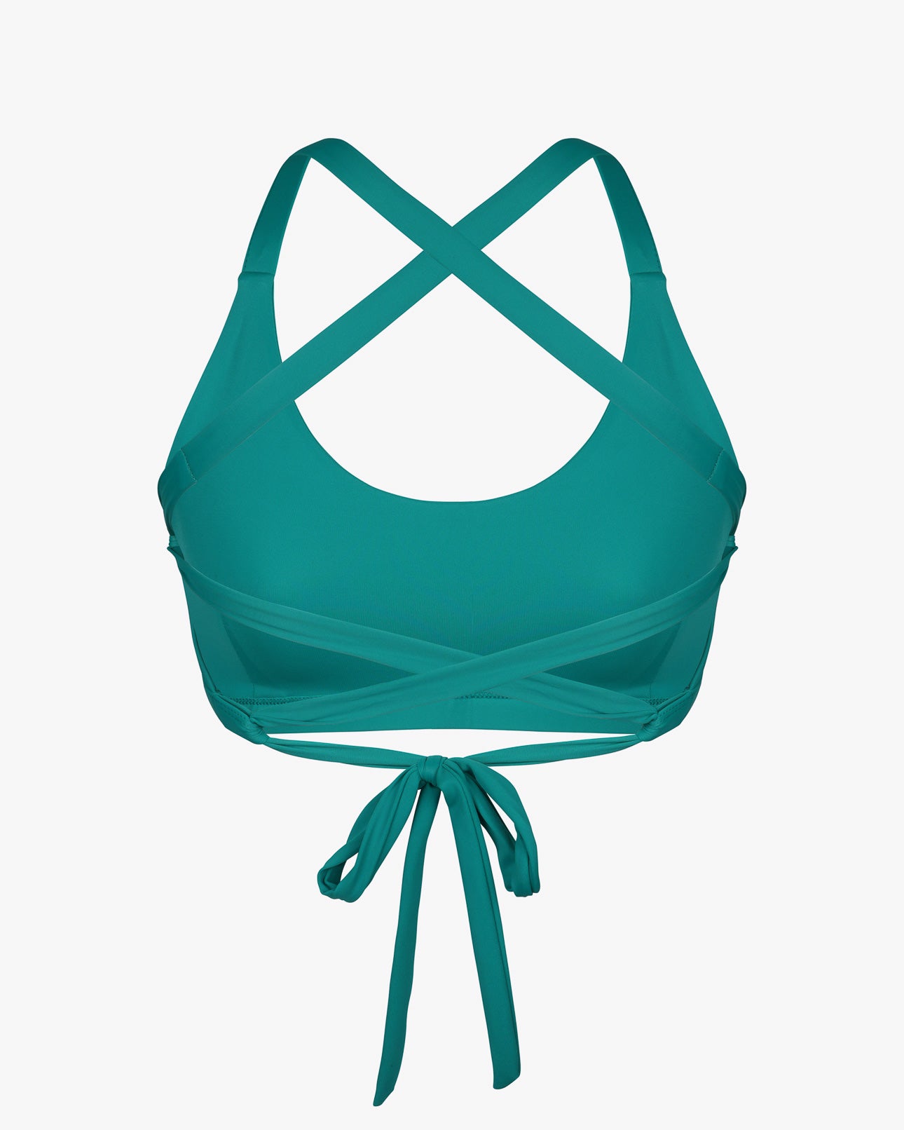 Das Charm Surf Bikini Oberteil von Main Design ist ein türkisfarbener Sport-BH mit gekreuzten Trägern und einem Wickelverschluss auf weißem Grund. Hergestellt aus chlorresistentem Stoff, ist er ideal für Wasseraktivitäten.