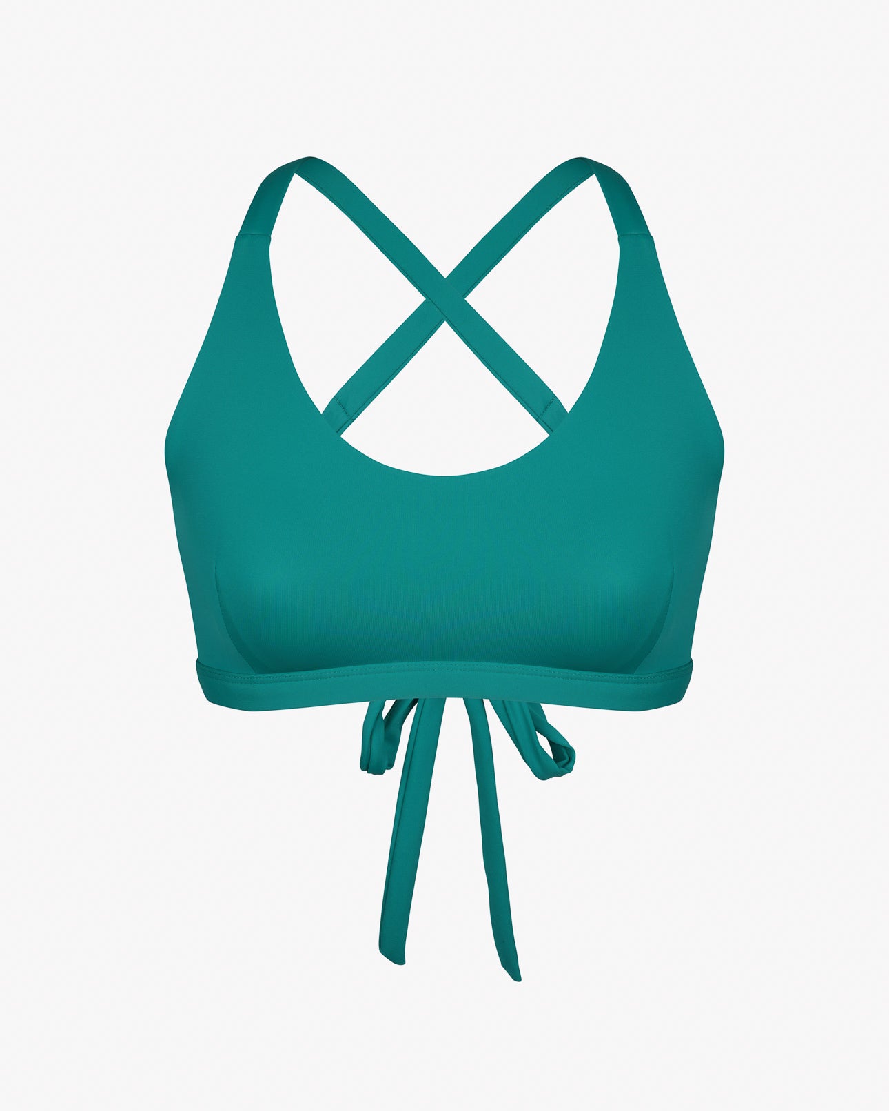 Das Charm Surf Bikini Oberteil von Main Design ist ein türkisfarbener Sport-BH mit gekreuzten Trägern und Bindeband vorne. Hergestellt aus chlorresistentem Material, ideal für Surf-Bikini-Sessions. Abgebildet auf weißem Hintergrund.