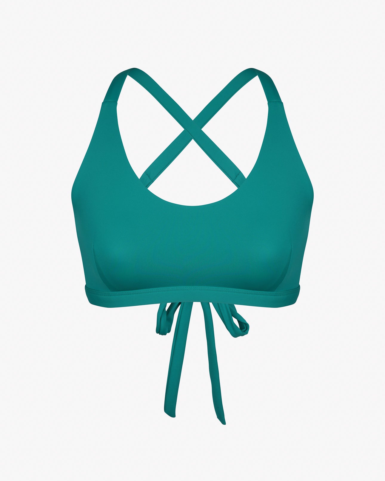 Das Charm Surf Bikini Oberteil von Main Design ist ein türkisfarbener Sport-BH mit gekreuzten Trägern und Bindeband vorne. Hergestellt aus chlorresistentem Material, ideal für Surf-Bikini-Sessions. Abgebildet auf weißem Hintergrund.