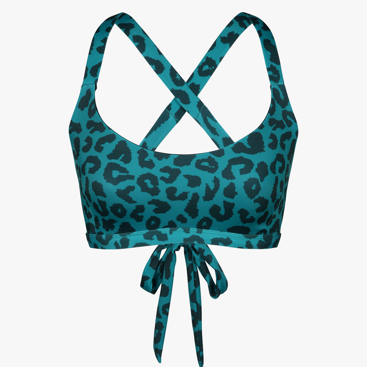 Das Charm Surf Bikini Oberteil von Main Design in Petrol mit schwarzem Leopardenmuster eignet sich perfekt als Surf-Bikinioberteil mit überkreuzten Trägern und Bindeverschluss. Hergestellt aus chlorresistentem Material, ist es ideal für Wassersportaktivitäten.