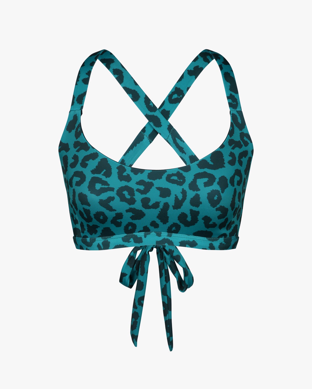 Das Charm Surf Bikini Oberteil von Main Design in Petrol mit schwarzem Leopardenmuster eignet sich perfekt als Surf-Bikinioberteil mit überkreuzten Trägern und Bindeverschluss. Hergestellt aus chlorresistentem Material, ist es ideal für Wassersportaktivitäten.