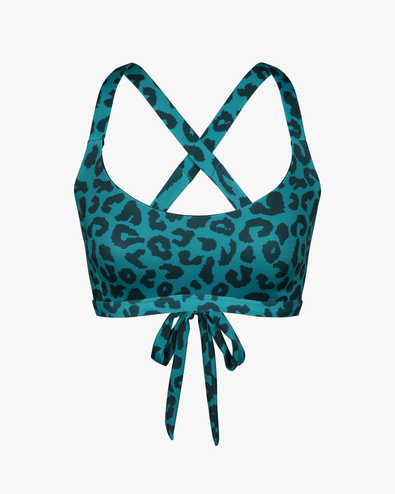 Das Charm Surf Bikini Oberteil von Main Design in Petrol mit schwarzem Leopardenmuster eignet sich perfekt als Surf-Bikinioberteil mit überkreuzten Trägern und Bindeverschluss. Hergestellt aus chlorresistentem Material, ist es ideal für Wassersportaktivitäten.