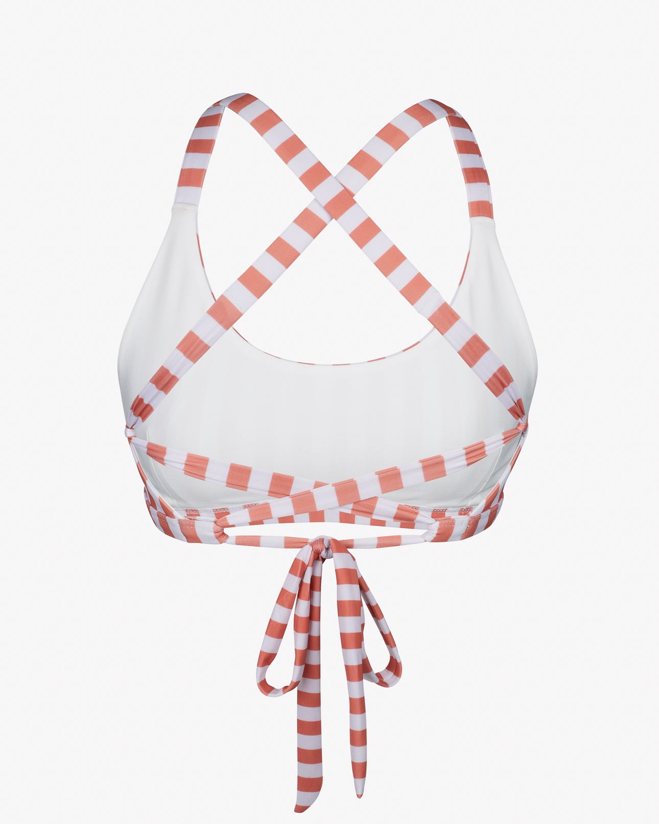 Das Bild zeigt das Main Design Charm Surf Bikini Oberteil in Weiß mit rosa Querstreifen. Es verfügt über gekreuzte Träger und eine Schnürung am unteren Ende. Es ist für Wassersportaktivitäten konzipiert und aus chlorresistentem Stoff für Langlebigkeit gefertigt.