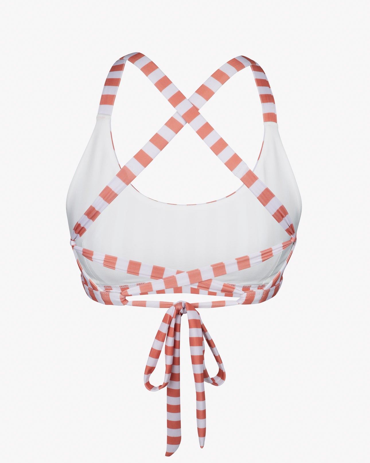 Das Bild zeigt das Main Design Charm Surf Bikini Oberteil in Weiß mit rosa Querstreifen. Es verfügt über gekreuzte Träger und eine Schnürung am unteren Ende. Es ist für Wassersportaktivitäten konzipiert und aus chlorresistentem Stoff für Langlebigkeit gefertigt.