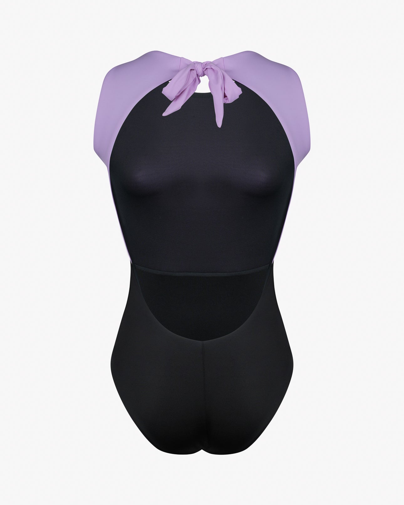 Der Divine Surf Badeanzug von Main Design ist ein nachhaltiger einteiliger Badeanzug mit schwarzem Hauptteil, lavendelfarbenem Neckholder-Bund und Schlüsselloch-Ausschnitt.