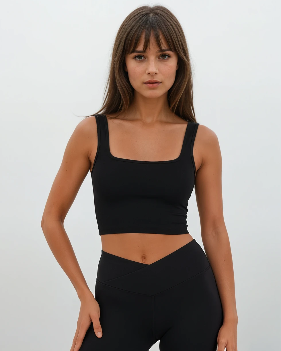 Eine Frau mit langen braunen Haaren und Pony trägt ein schwarzes, tailliertes Crop-Top und die Juno Leggings von Main Design, die eine hohe Taille hat und aus recyceltem Nylon hergestellt ist, während sie vor einem schlichten, hellen Hintergrund steht.