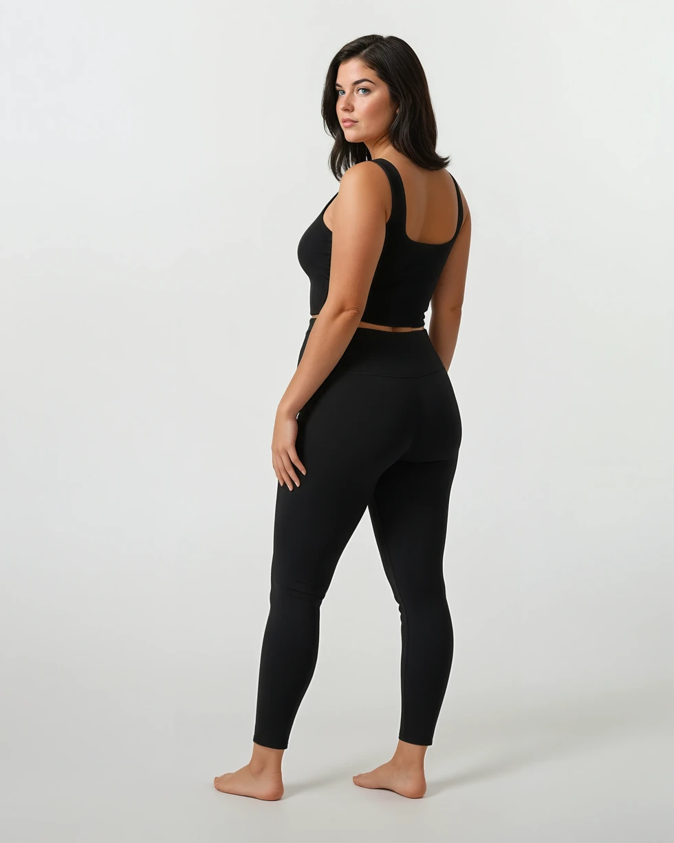 Eine Frau mit dunklen Haaren steht barfuß vor einem hellen Hintergrund, trägt ein schwarzes, tailliertes Tank-Top und Main Design Juno Leggings - nachhaltige Leggings mit hohem Bund aus recyceltem Nylon - und blickt mit dem Kopf in die Kamera.