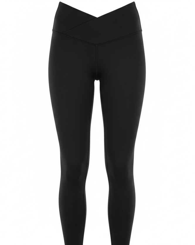 Black active wear leggings with a v waist band on top