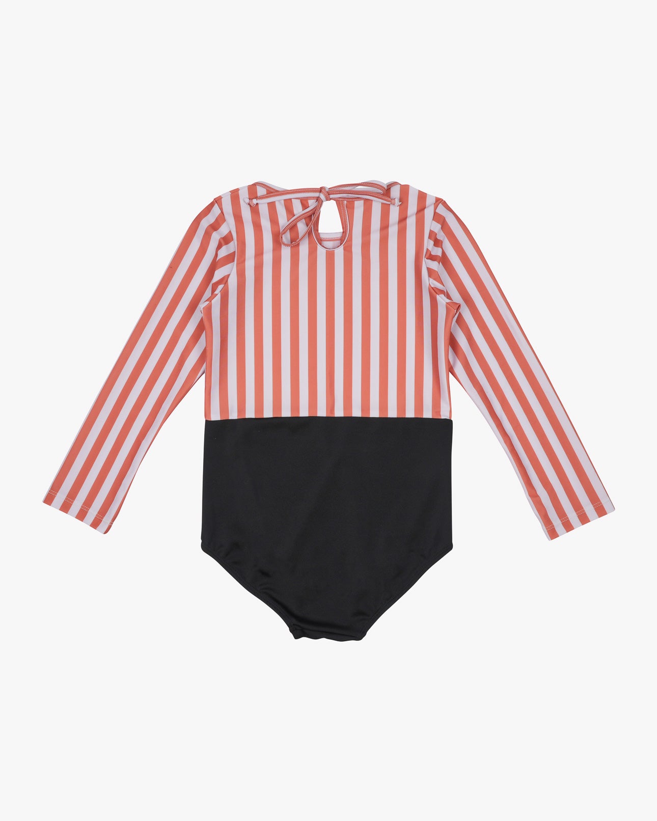 Der Laila Mädchen Badeanzug von Main Design bietet UPF 50+-Schutz, rote und weiße vertikale Streifen oben, eine einfarbig schwarze Unterseite und einen Schlüssellochausschnitt auf der Rückseite mit Bindeverschluss am Hals.