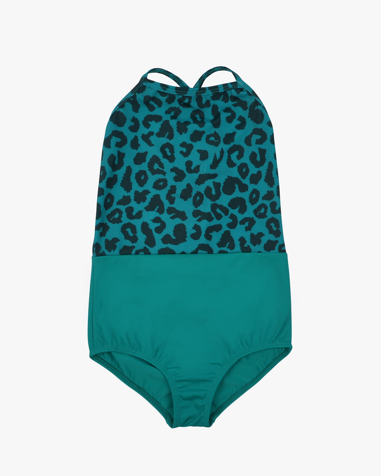 Der Lena Mädchen Badeanzug von Main Design ist ein türkisfarbener Badeanzug mit schickem Cross-Back. Er verfügt über ein dunkles Oberteil mit Leopardenmuster und ein einfarbiges Unterteil in Türkis. Er ist aus recycelten Materialien gefertigt und bietet LSF 50+ Schutz für sonnige Tage am Wasser.