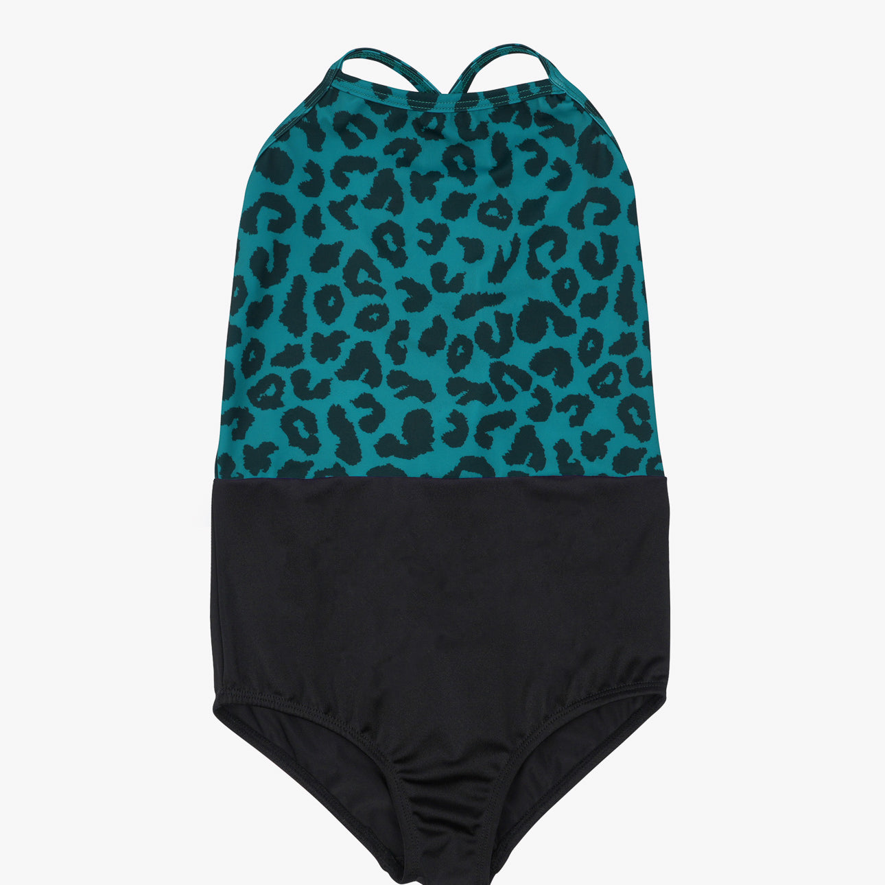 Der Lena Mädchen-Badeanzug von Main Design verfügt über ein Oberteil mit blaugrünem und schwarzem Leopardenmuster, ein einfarbig schwarzes Unterteil, überkreuzte Rückenträger und verstellbare Träger für mehr Komfort.
