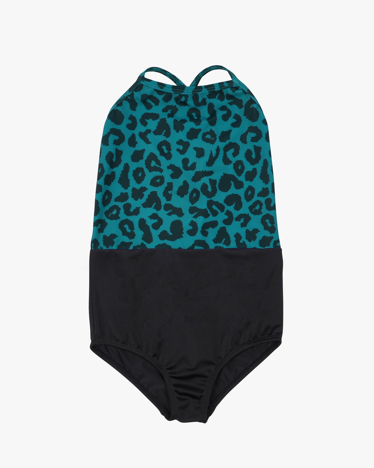 Der Lena Mädchen-Badeanzug von Main Design verfügt über ein Oberteil mit blaugrünem und schwarzem Leopardenmuster, ein einfarbig schwarzes Unterteil, überkreuzte Rückenträger und verstellbare Träger für mehr Komfort.