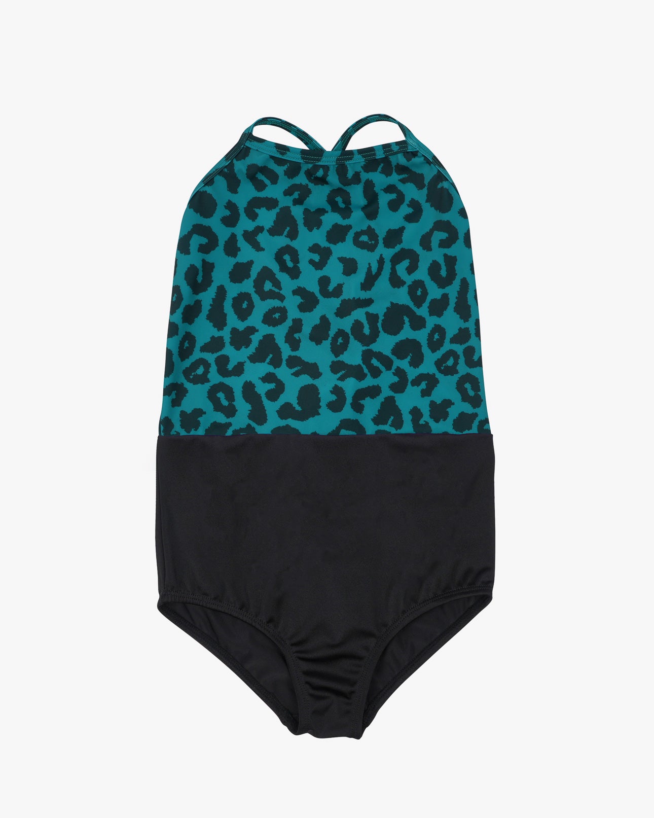 Der Lena Mädchen-Badeanzug von Main Design verfügt über ein Oberteil mit blaugrünem und schwarzem Leopardenmuster, ein einfarbig schwarzes Unterteil, überkreuzte Rückenträger und verstellbare Träger für mehr Komfort.