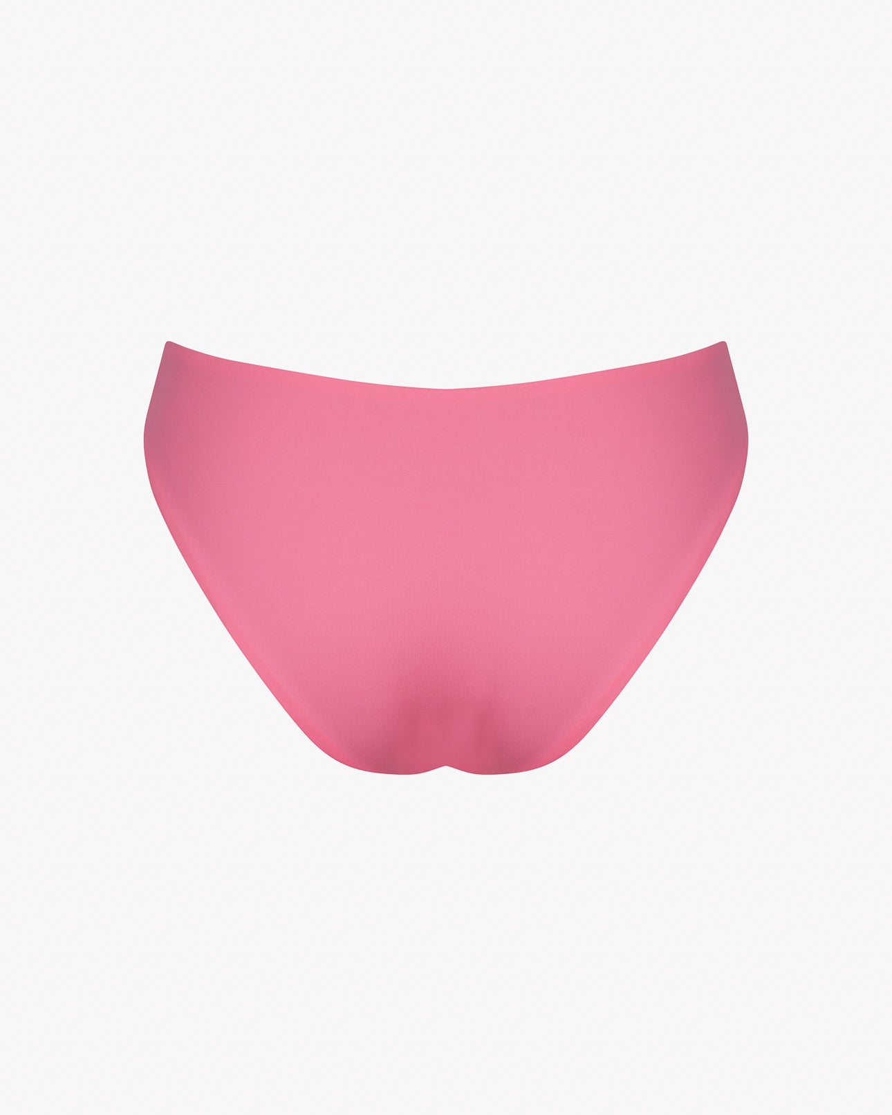 Eine Luxe Bikinihose von Main Design im schlichten, rosa Brazilian Cut wird auf weißem Hintergrund präsentiert. Hergestellt aus recycelten Materialien, besticht sie durch eine glatte Textur und ein nahtloses Design. Die Rückseite zeigt zum Betrachter.