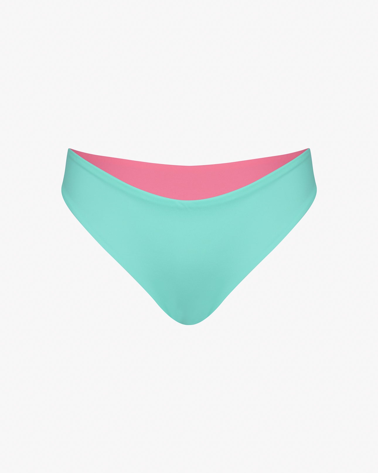 Die Luxe Bikini Hose von Main Design ist eine türkisfarbene Bikinihose im brasilianischen Schnitt mit rosa Innenfutter, die auf einem schlichten weißen Hintergrund präsentiert wird.