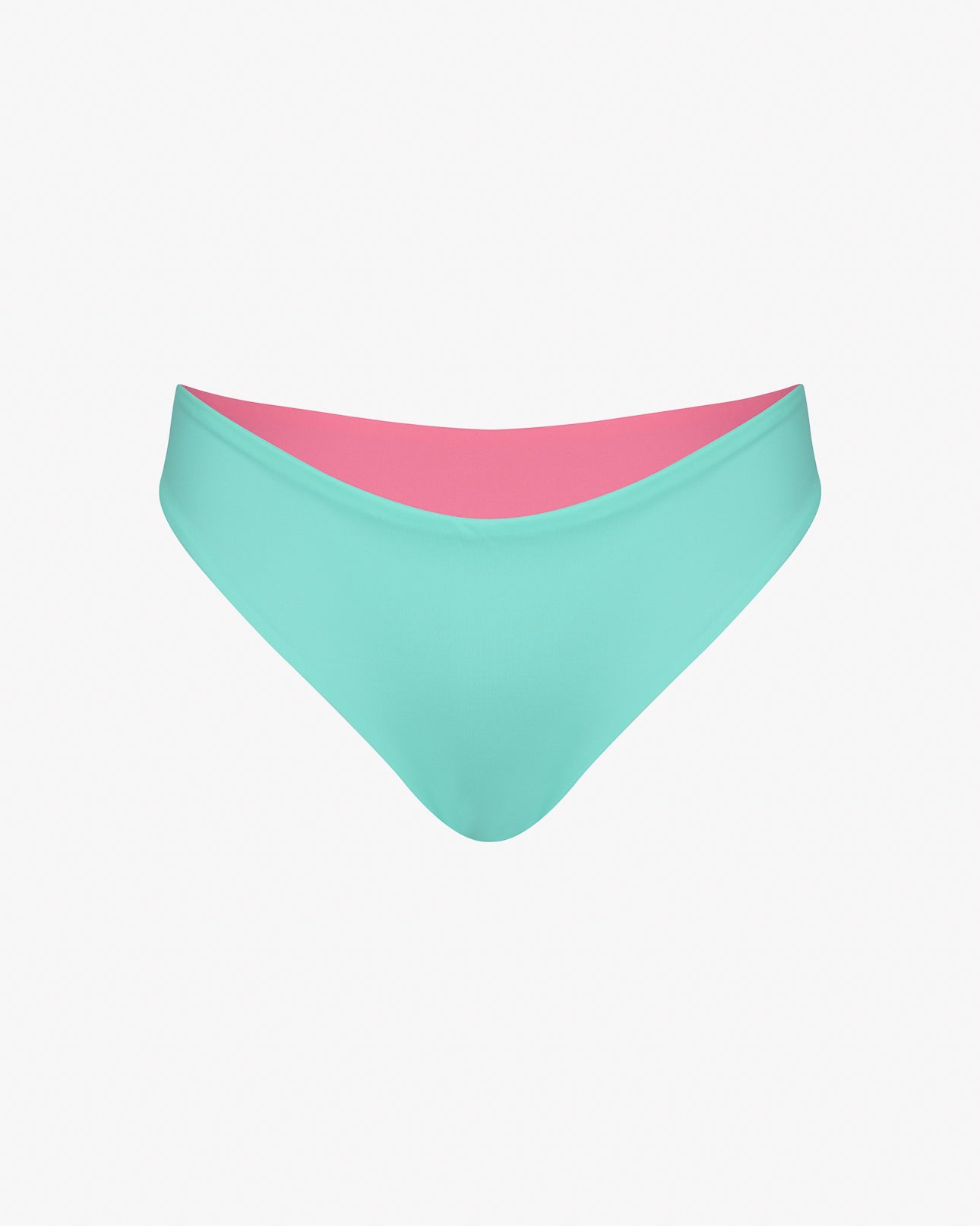 Die Luxe Bikini Hose von Main Design ist eine türkisfarbene Bikinihose im brasilianischen Schnitt mit rosa Innenfutter, die auf einem schlichten weißen Hintergrund präsentiert wird.