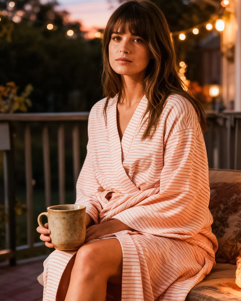 Eine Frau, die den Sunset Stripes Kimono von Main Design trägt, sitzt bei Sonnenuntergang ruhig auf einer Terrasse und hält einen großen Becher in der Hand. Lichterketten und Bäume leuchten im Hintergrund und fangen den ruhigen Strandmode-Stil ein.