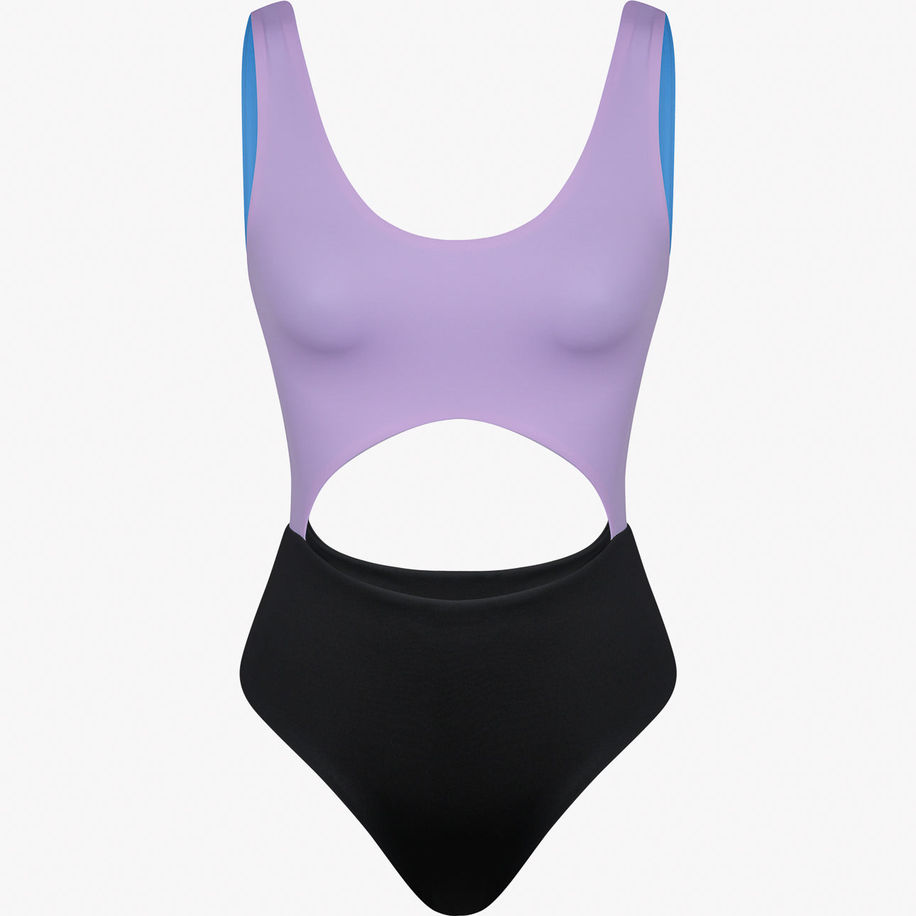 Der Main Design Nova Badeanzug ist ein einteiliger Badeanzug mit lila Oberteil, schwarzem Unterteil, hochgeschnittenen Beinen, markanten Taillenausschnitten, blau gefütterten Trägern und aus chlorresistentem Stoff. Abgebildet auf schlichtem weißem Hintergrund.