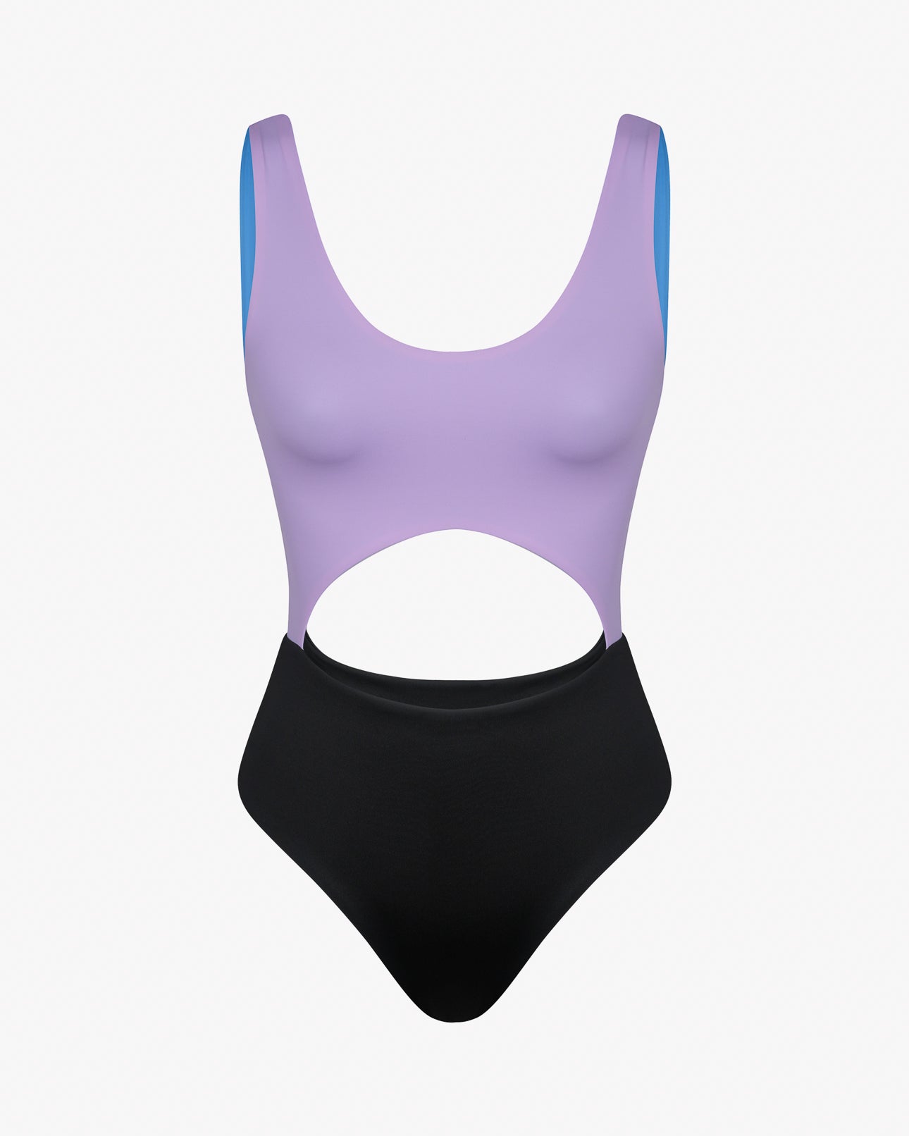 Der Main Design Nova Badeanzug ist ein einteiliger Badeanzug mit lila Oberteil, schwarzem Unterteil, hochgeschnittenen Beinen, markanten Taillenausschnitten, blau gefütterten Trägern und aus chlorresistentem Stoff. Abgebildet auf schlichtem weißem Hintergrund.