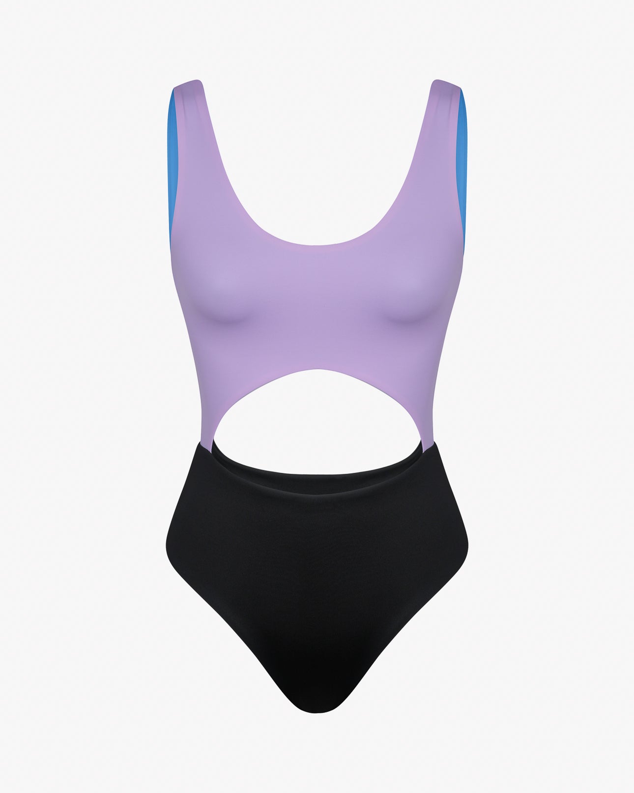 Der Main Design Nova Badeanzug ist ein einteiliger Badeanzug mit lila Oberteil, schwarzem Unterteil, hochgeschnittenen Beinen, markanten Taillenausschnitten, blau gefütterten Trägern und aus chlorresistentem Stoff. Abgebildet auf schlichtem weißem Hintergrund.