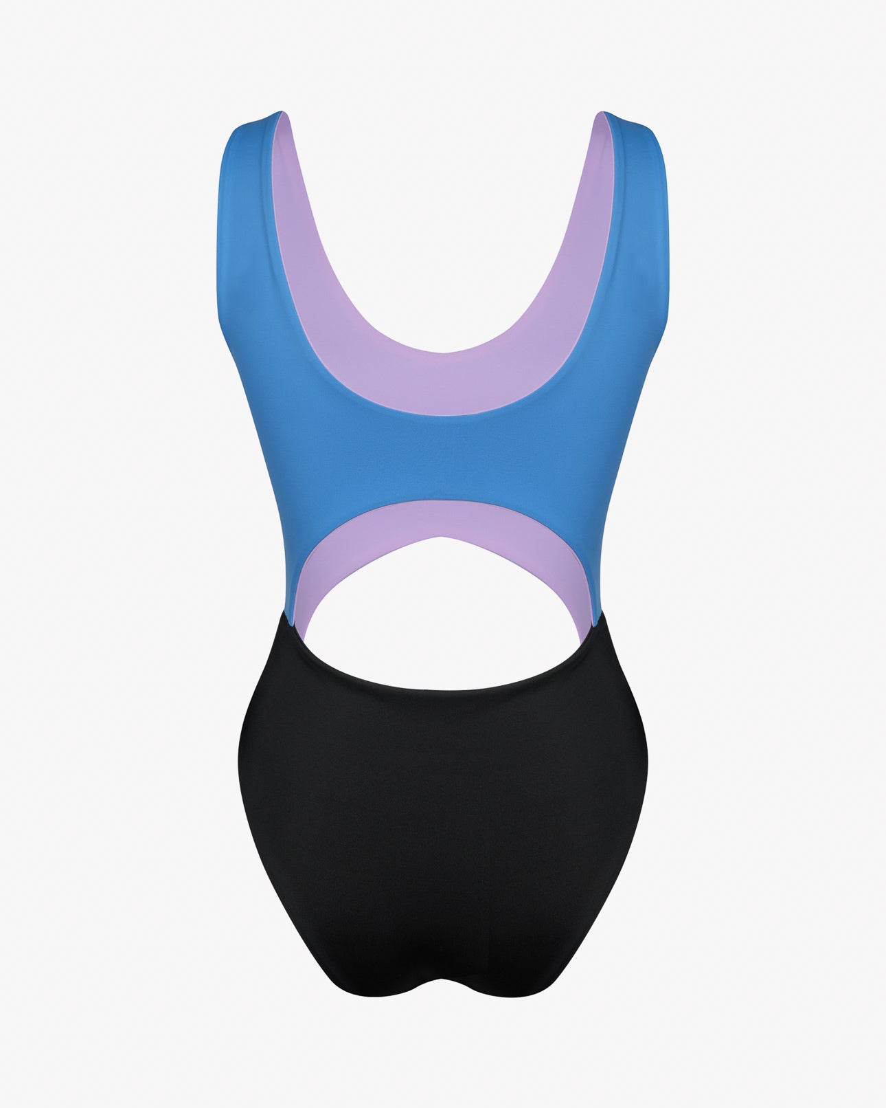 Der Nova-Badeanzug im Main Design besteht aus einem blauen Oberteil, einem lila Innenfutter, einem offenen Rücken und einem schwarzen Unterteil in einem wendbaren Design vor einem schlichten weißen Hintergrund.