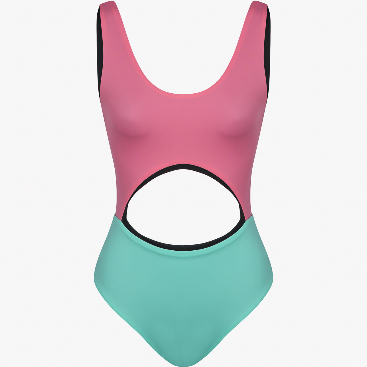 Der Main Design Nova Badeanzug hat ein pinkes Oberteil, ein aquamarinfarbenes Unterteil, einen Bauchausschnitt, einen schwarzen Besatz und einen Rundhalsausschnitt. Hergestellt aus chlorresistentem Stoff für Stil und Chlorbeständigkeit. Der Hintergrund ist schlicht weiß.