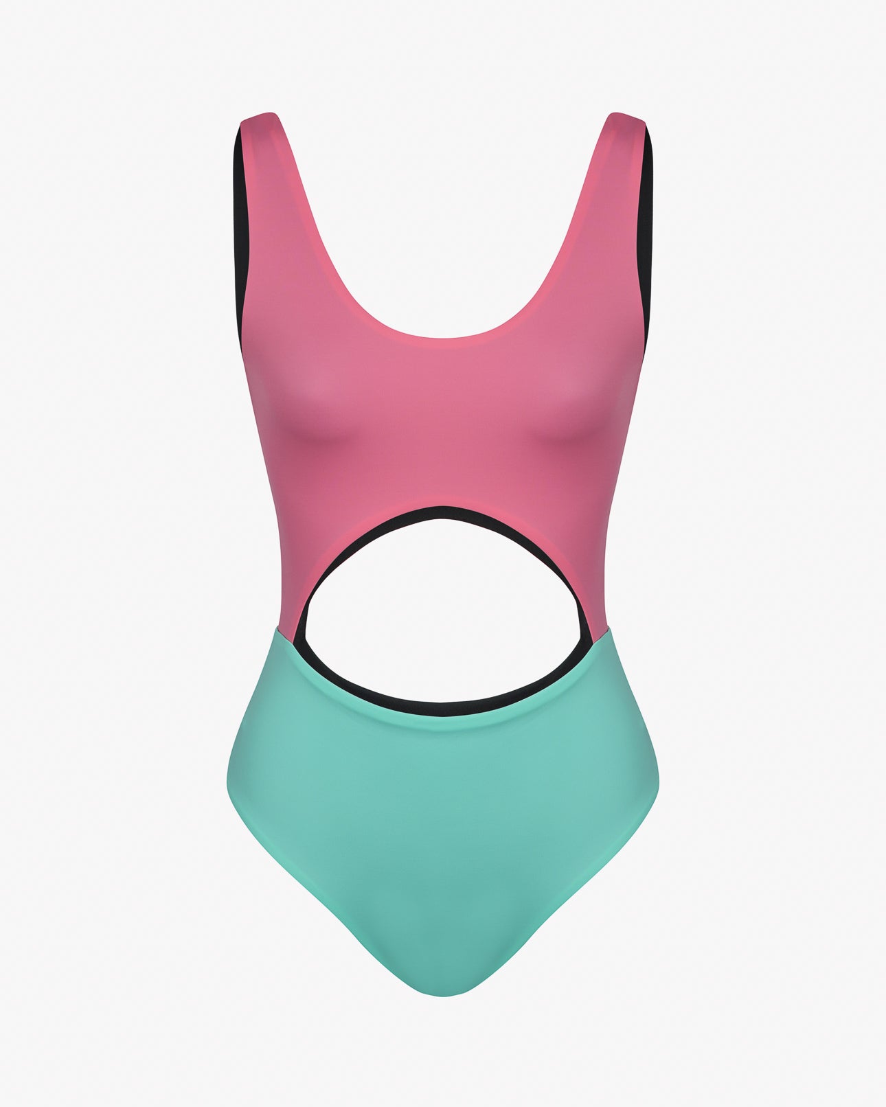 Der Main Design Nova Badeanzug hat ein pinkes Oberteil, ein aquamarinfarbenes Unterteil, einen Bauchausschnitt, einen schwarzen Besatz und einen Rundhalsausschnitt. Hergestellt aus chlorresistentem Stoff für Stil und Chlorbeständigkeit. Der Hintergrund ist schlicht weiß.