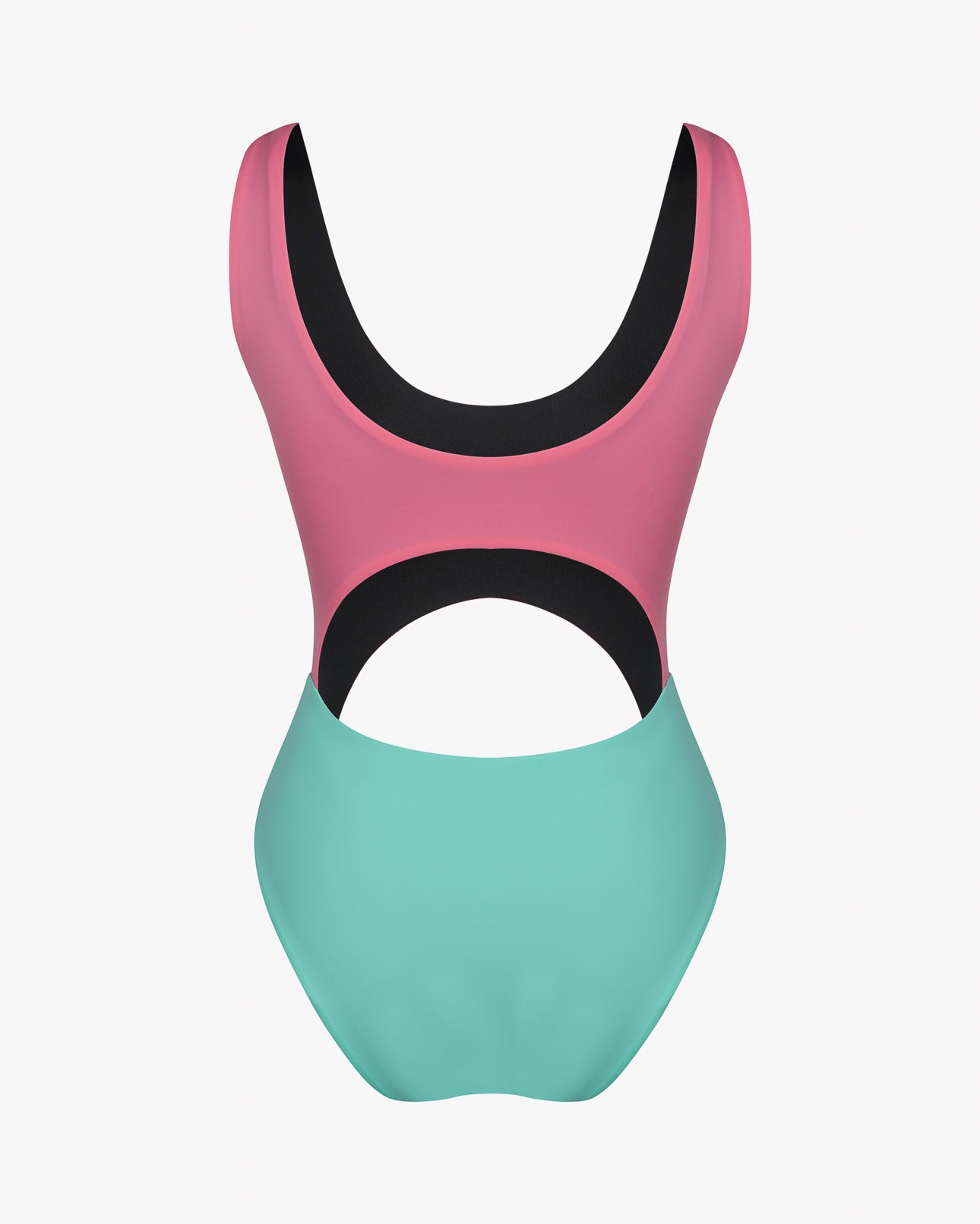 Der Main Design Nova Badeanzug hat ein rosa Oberteil, ein türkisfarbenes Unterteil, einen schwarzen Besatz, einen großen Ausschnitt in der Mitte des Rückens und ist aus chlorresistentem Stoff für dauerhafte Farbe gefertigt.