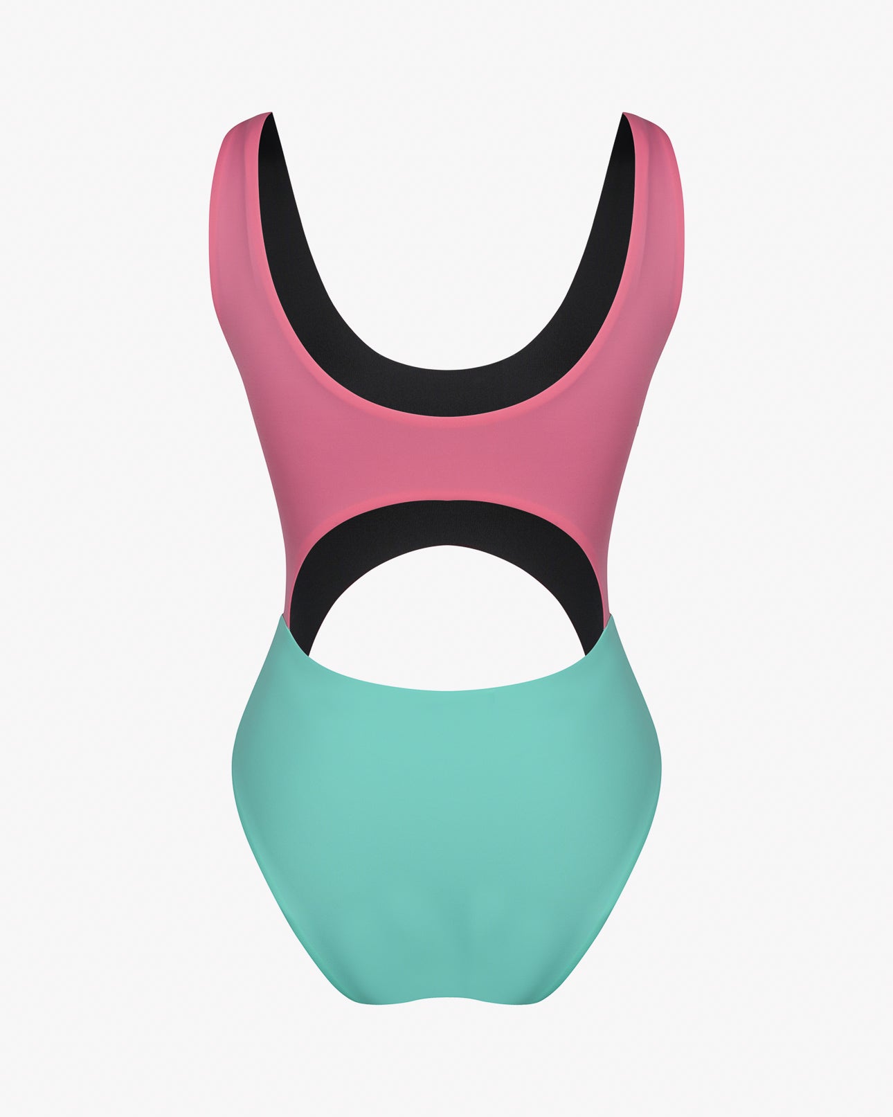 Der Main Design Nova Badeanzug hat ein rosa Oberteil, ein türkisfarbenes Unterteil, einen schwarzen Besatz, einen großen Ausschnitt in der Mitte des Rückens und ist aus chlorresistentem Stoff für dauerhafte Farbe gefertigt.