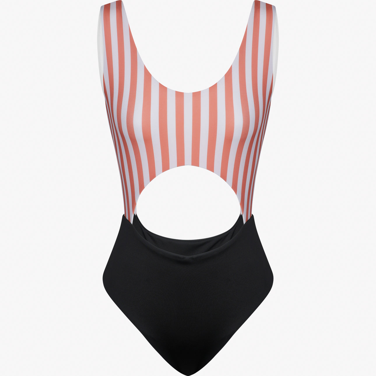 Der Nova Badeanzug von Main Design hat oben vertikale rosa und weiße Streifen, einen großen Ausschnitt unter der Brust, eine einfarbig schwarze Hose mit hoher Taille und ist für zusätzliche Haltbarkeit aus chlorresistentem Stoff gefertigt.