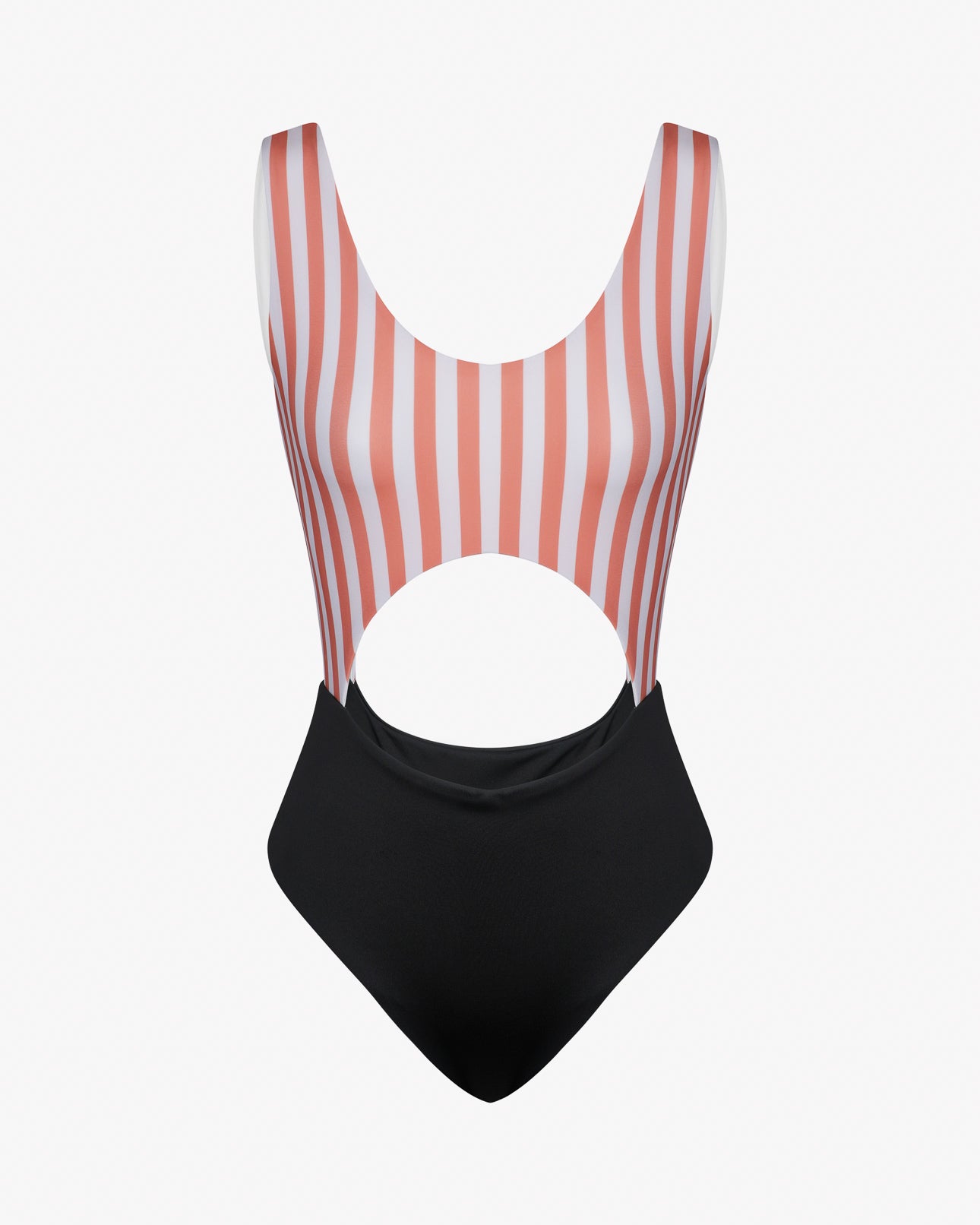 Der Nova Badeanzug von Main Design hat oben vertikale rosa und weiße Streifen, einen großen Ausschnitt unter der Brust, eine einfarbig schwarze Hose mit hoher Taille und ist für zusätzliche Haltbarkeit aus chlorresistentem Stoff gefertigt.