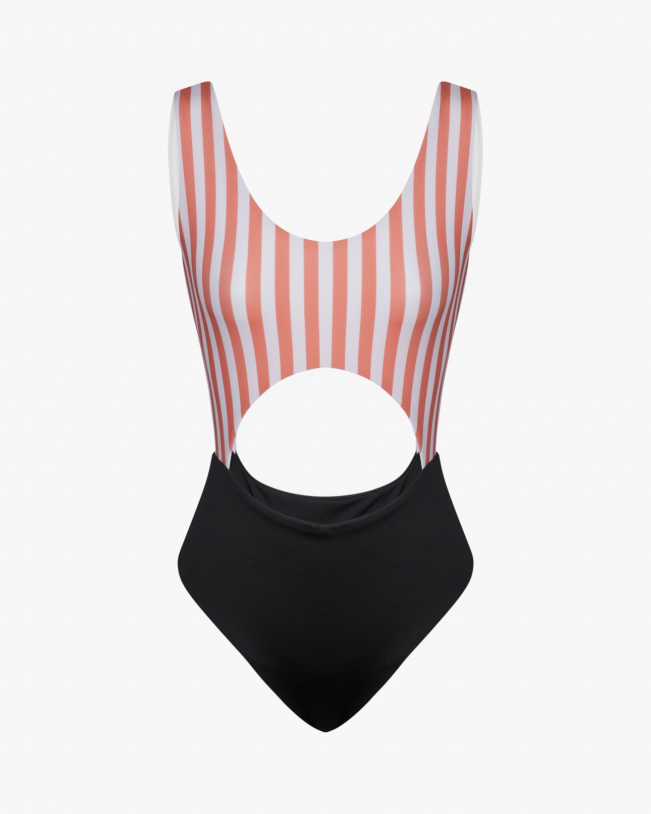 Der Nova Badeanzug von Main Design hat oben vertikale rosa und weiße Streifen, einen großen Ausschnitt unter der Brust, eine einfarbig schwarze Hose mit hoher Taille und ist für zusätzliche Haltbarkeit aus chlorresistentem Stoff gefertigt.