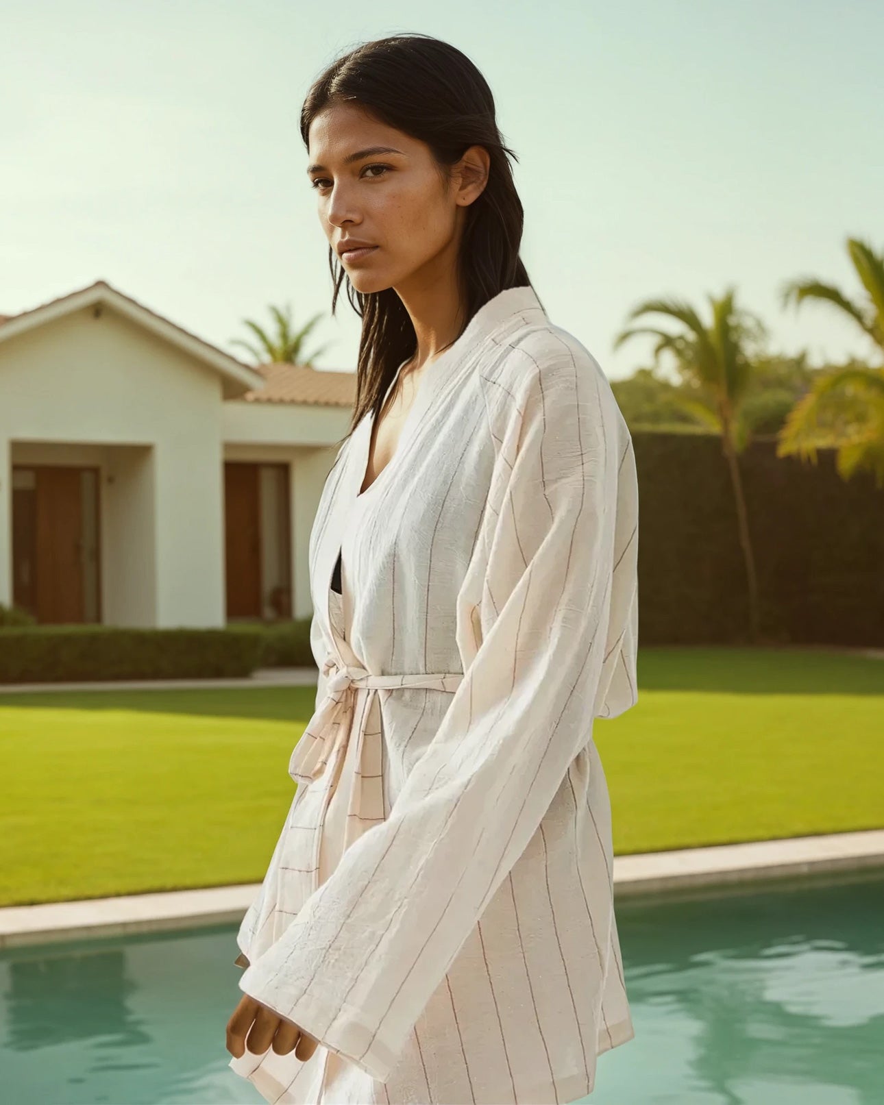 Eine Frau in einem leichten, langärmeligen Soleil Kimono von Main Design steht an einem sonnigen Tag neben einem Swimmingpool mit Rasen, Palmen und einem modernen Haus im Hintergrund.