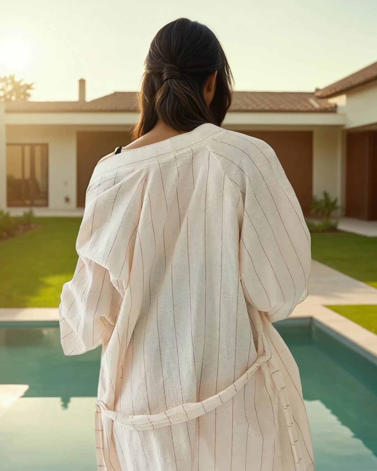 Eine Frau mit dunklem Haar steht an einem modernen Außenpool, von hinten gesehen, und trägt den hellen Soleil Kimono von Main Design. Die sonnenbeschienene Umgebung unterstreicht den grünen Rasen des Hauses und die nachhaltigen Produktionswerte.