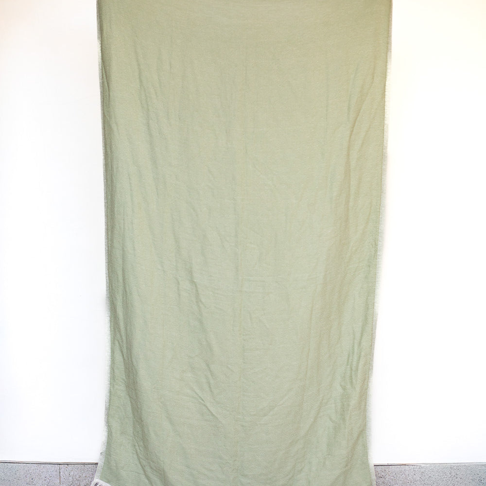 Eine Person steht vor einer weißen Wand und hält das große, hellgrüne Strandtuch Zen von Main Design hoch. Das Handtuch aus OEKO-TEX-Baumwolle hat ausgefranste Ränder, hinter dem strandtauglichen Stoff sind nur ihre Hände und Schuhspitzen zu sehen.