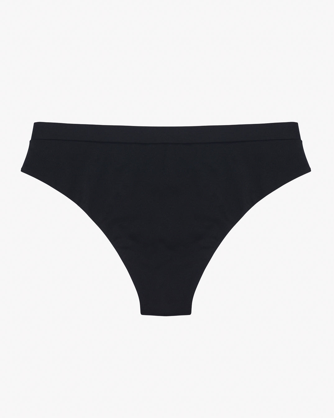 Eine schwarze Main Design Ember Bikinihose aus recycelten Materialien ist vor einem schlichten weißen Hintergrund zu sehen. Das Design ist schlicht mit einem nahtlosen Bund und minimalen Details und bietet ein glattes und elegantes Erscheinungsbild.