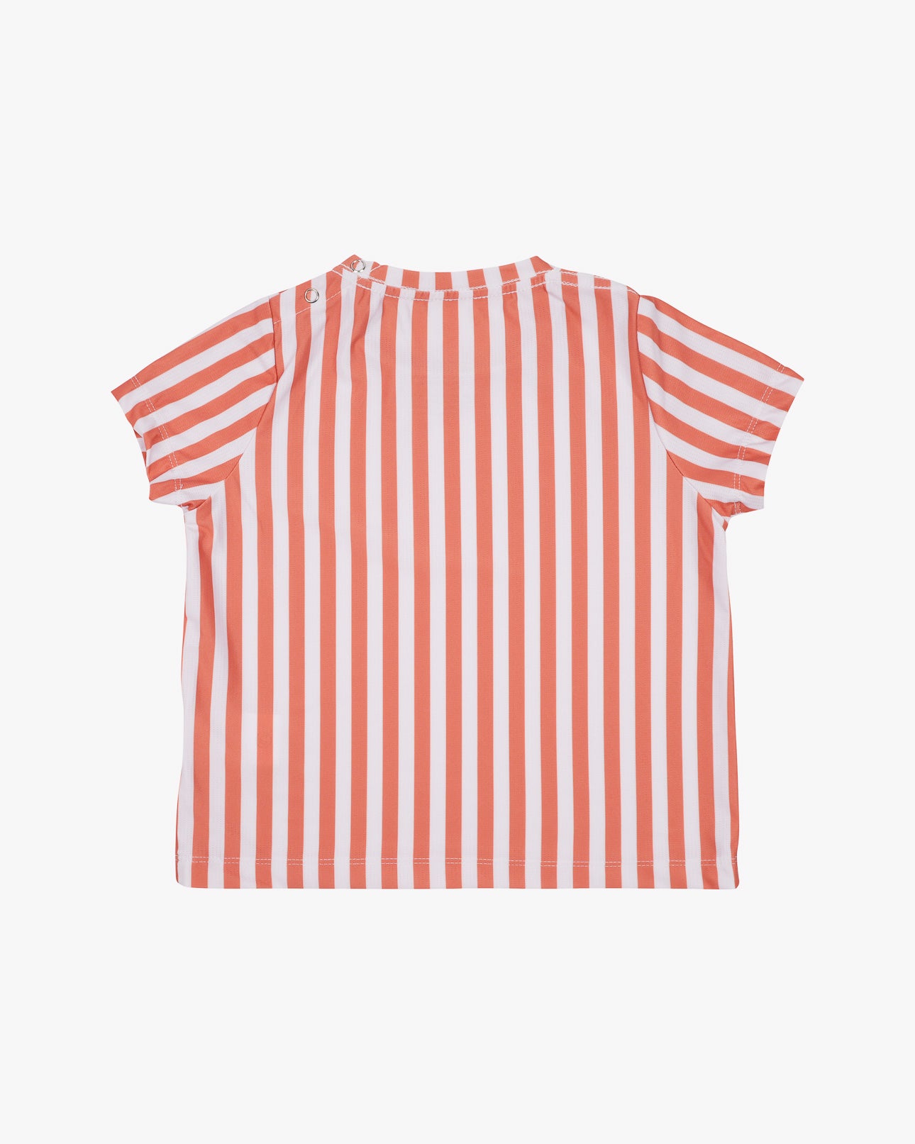 Das Hauptdesign des Aina Kinder UV-Shirts aus nachhaltigem Stoff zeigt vertikale orange-weiße Streifen. Es bietet einen LSF von 50+ und ist von der Rückseite aus auf weißem Hintergrund abgebildet.