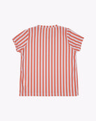 Das Aina Kinder UV-Shirt von Main Design besticht durch rot-weiße Längsstreifen auf schlichtem weißem Grund und ist aus nachhaltigem Stoff gefertigt. Flach gelegt und von hinten betrachtet ist dieses kurzärmelige T-Shirt perfekt für sonnige Tage.