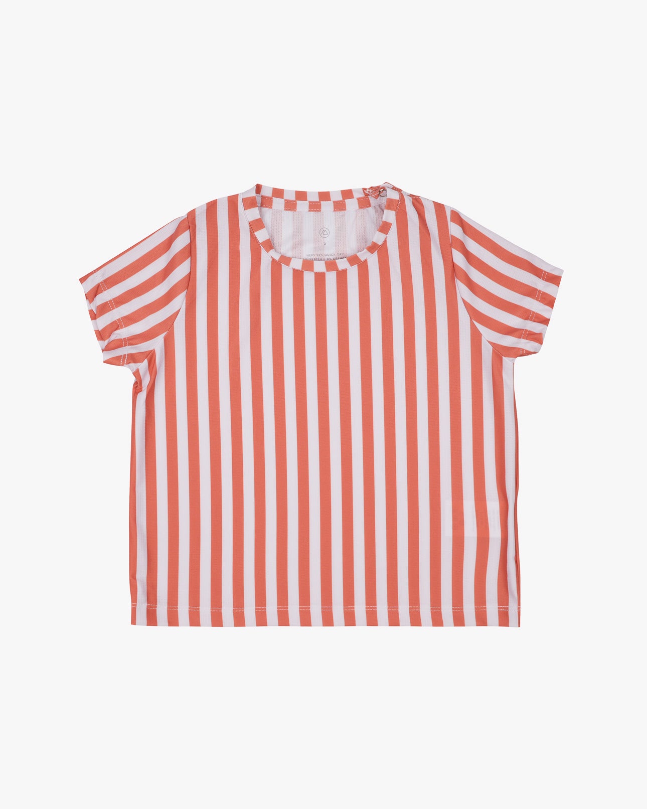 Das Aina Kinder UV-Shirt von Main Design ist ein kurzärmeliges, orange-weiß gestreiftes Oberteil mit LSF 50+, Rundhalsausschnitt und lässiger Passform. Die vertikalen Streifen sorgen für einen modernen Look. Das Shirt ist aus nachhaltigem Stoff gefertigt und auf schlichtem weißem Hintergrund abgebildet.