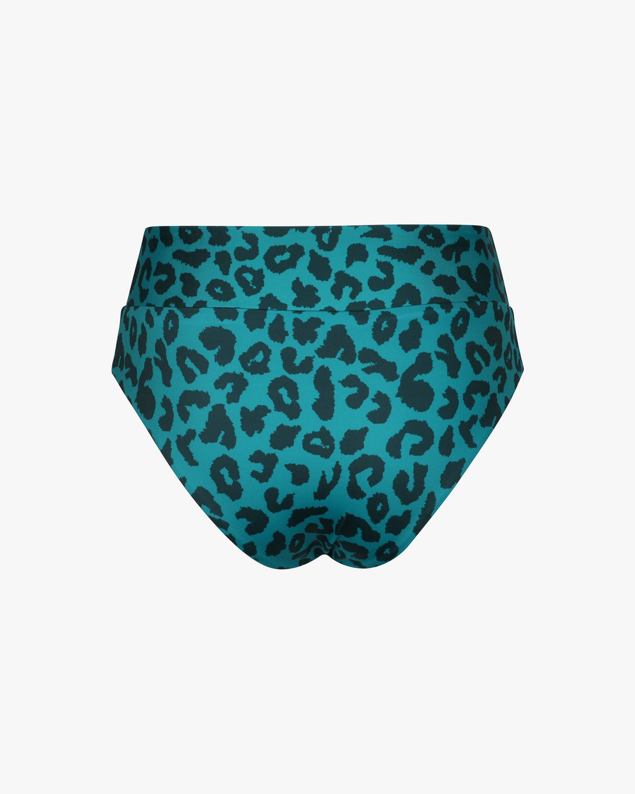 Die Alice-Bikinihose von Main Design zeigt ein blaugrünes und schwarzes Leopardenmuster auf weißem Hintergrund und ist aus chlorbeständigem Stoff gefertigt.