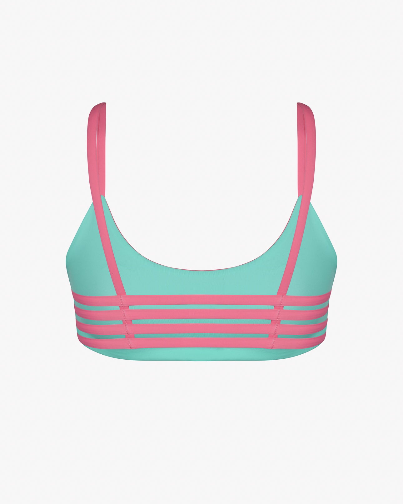 Das Sassy Bikini Oberteil reversibel von Main Design verfügt über ein türkisfarbenes Design mit rosa Trägern und horizontalen Bändern auf der Rückseite, hergestellt aus chlorresistenter Stoff, wunderschön präsentiert vor einem weißen Hintergrund.