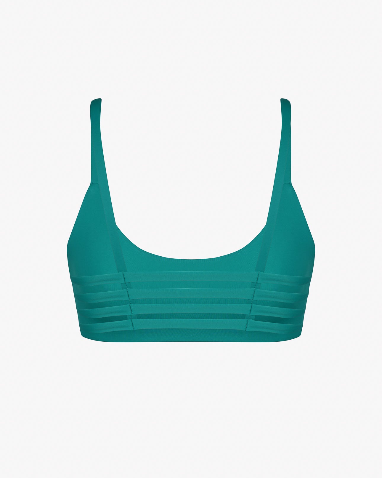 Das Sassy Bikini Oberteil Reversibel von Main Design ist ein blaugrünes Bralette mit breiten Trägern und horizontalen Nähten vorne, hergestellt aus nachhaltigen Recyclingmaterialien, abgebildet auf einem schlichten weißen Hintergrund.