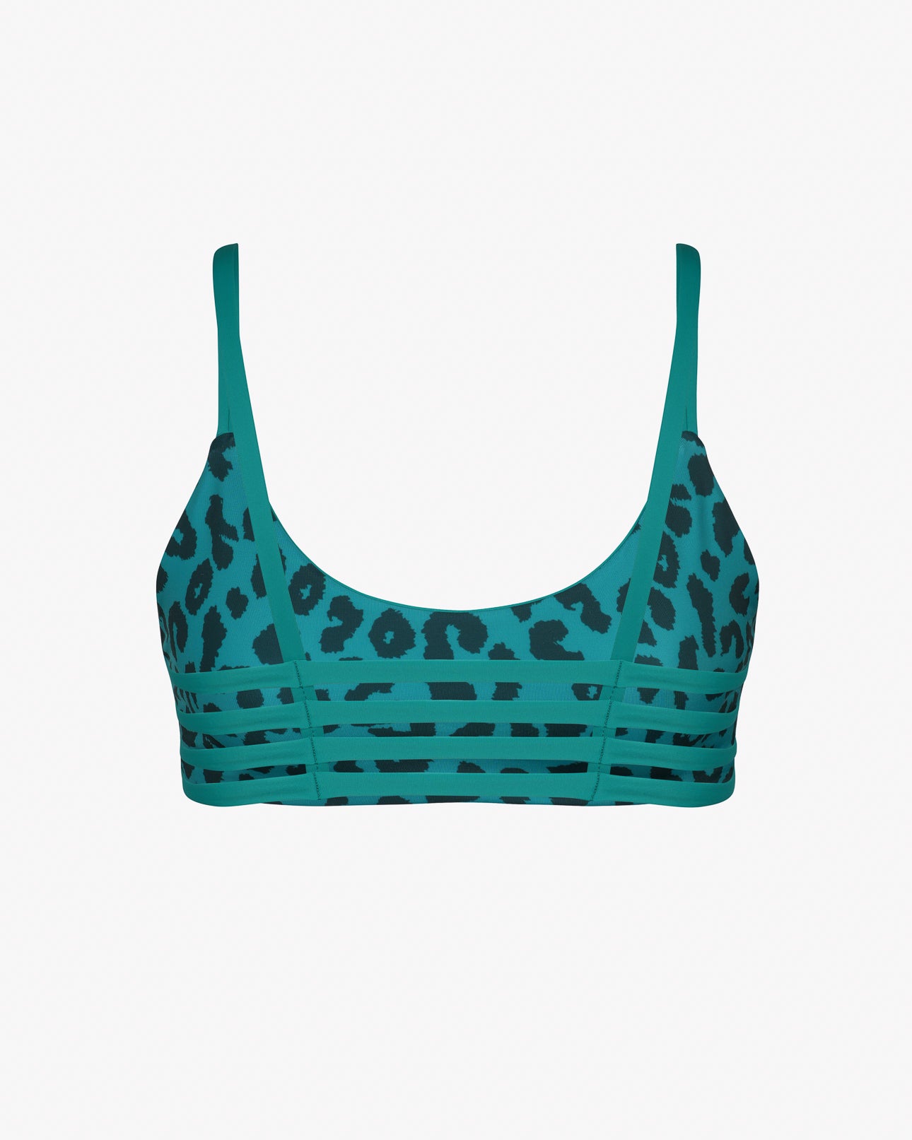 Das wendbare Sassy Bikini-Oberteil von Main Design verfügt über ein blaugrünes und schwarzes Leopardenmuster mit horizontalen Streifen am unteren Rand. Es ist aus nachhaltigen Recyclingmaterialien hergestellt und auf einem schlichten weißen Hintergrund abgebildet.