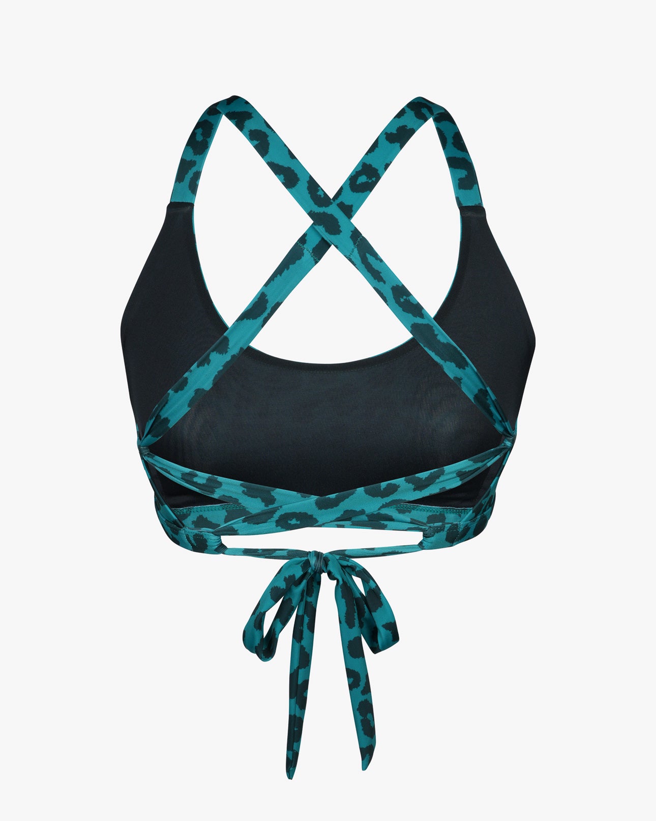 Rückansicht des Charm Surf Bikini Oberteils von Main Design mit grün-schwarzen Trägern im Leopardenmuster, die sich kreuzen und zu einer Schleife gebunden werden, vor einem schlichten Hintergrund. Der Hauptteil ist schwarz und aus chlorresistentem Stoff gefertigt, wodurch er sich perfekt für Wassersportaktivitäten eignet.