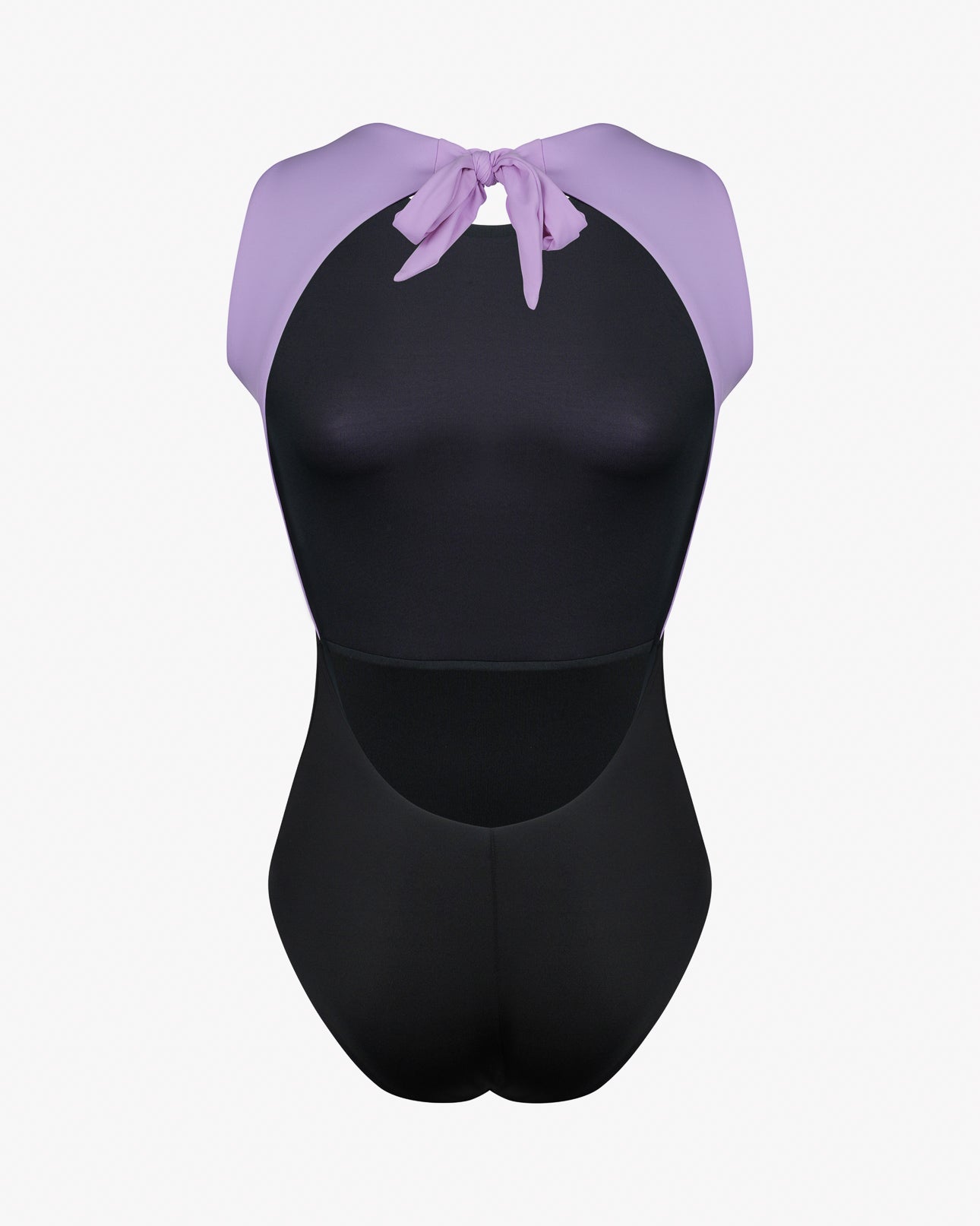 Der Divine Surf Badeanzug von Main Design ist ein nachhaltiger einteiliger Badeanzug mit schwarzem Hauptteil, lavendelfarbenem Neckholder-Bund und Schlüsselloch-Ausschnitt.